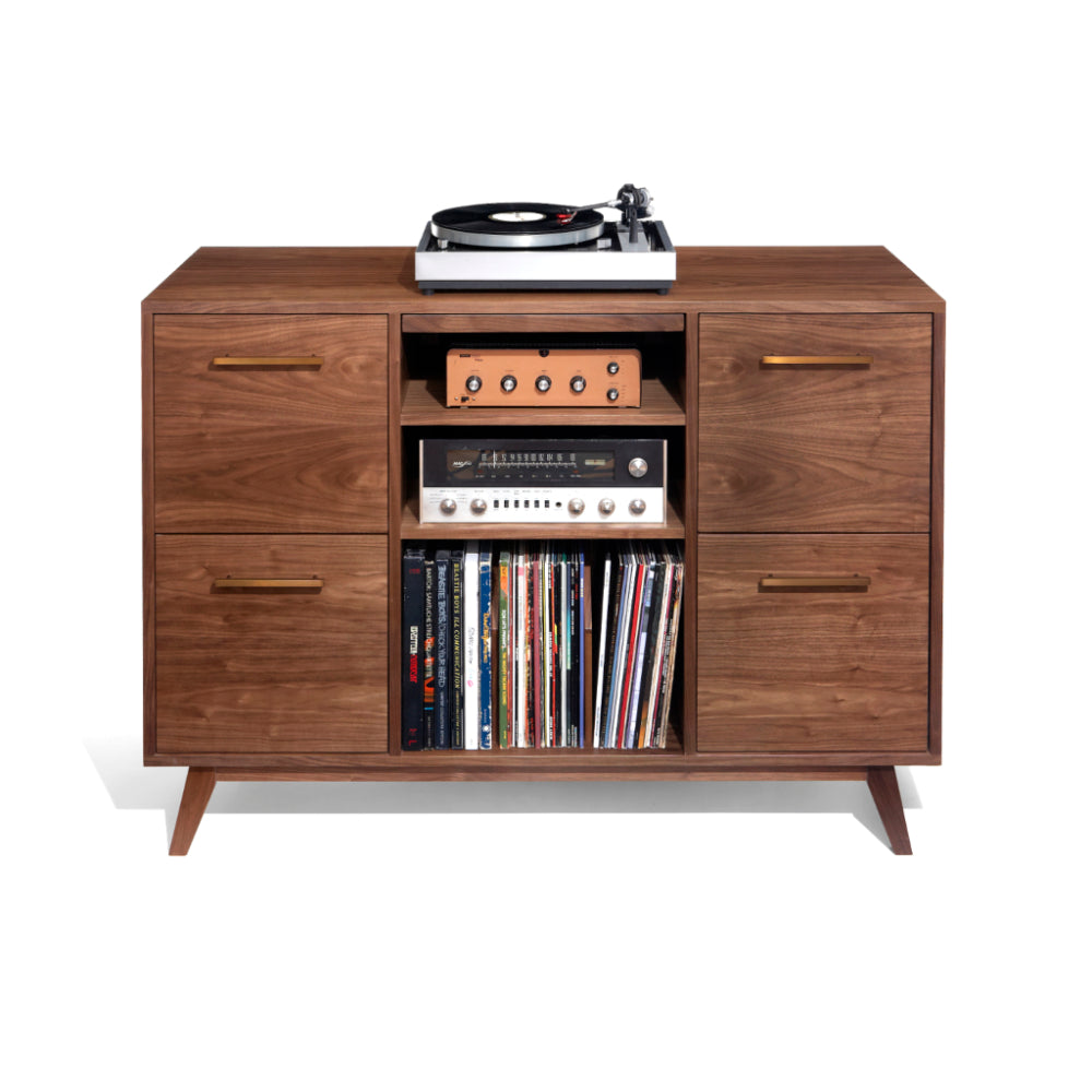 Atocha Design Open/Close mid-century style record cabinet with soft-closing drawers and shelves for music storage and Hi-Fi components