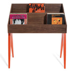 Atocha Design Walnut base with solid American maple legs painted orangey-red.