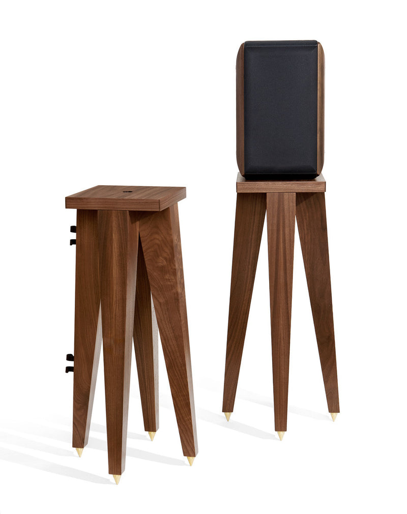 Our Speaker Stand set shown with a bookshelf speaker.
