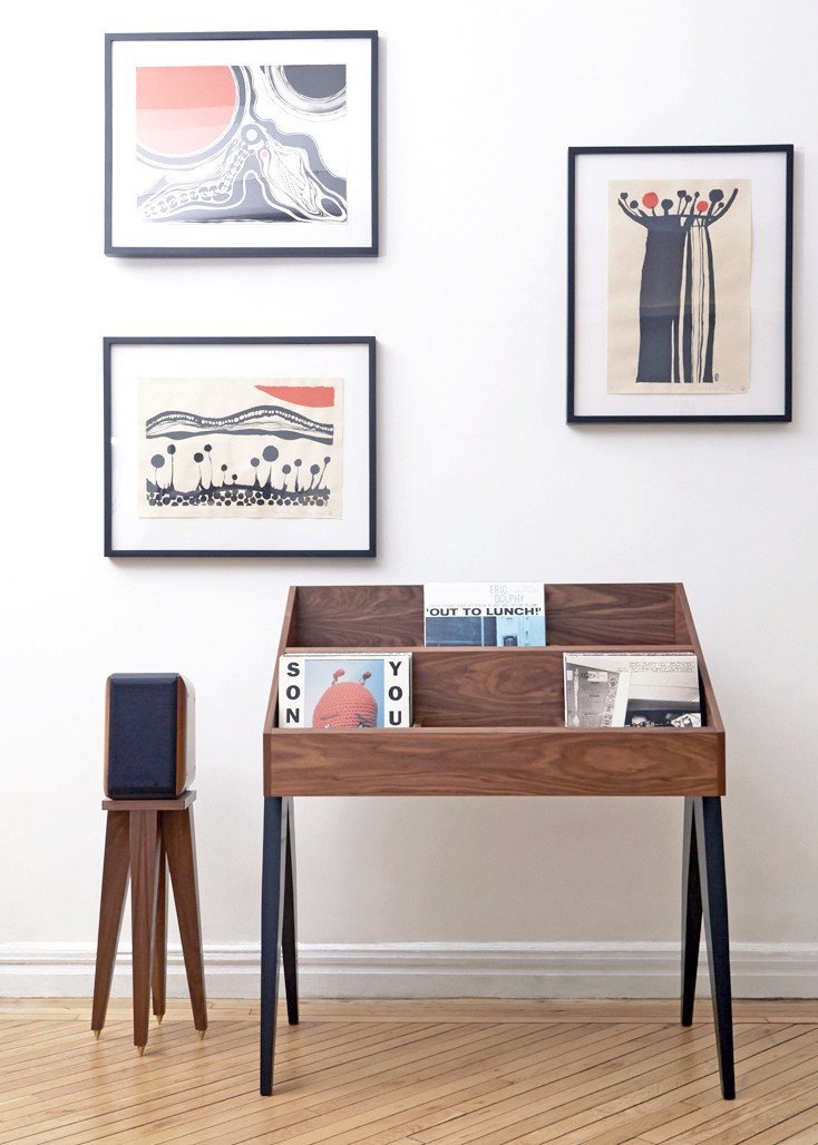 Atocha Design Record Stand in Walnut & Black, with our Speaker Stand & art by Yuri Shimojo