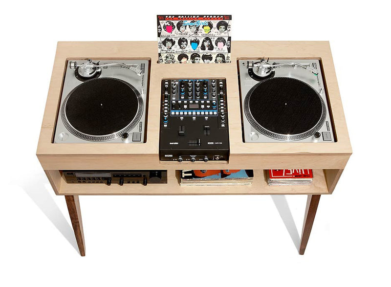 Technics and Audio-Technica (shown) decks nest inside the Atocha Design DJ Console.