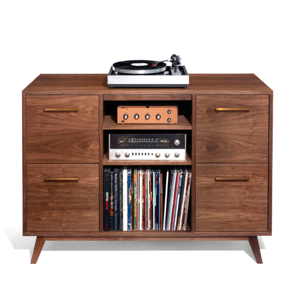 A brown Atocha Design record cabinet with open drawers showing LPs, a turntable on top, and shelves with various record albums.
