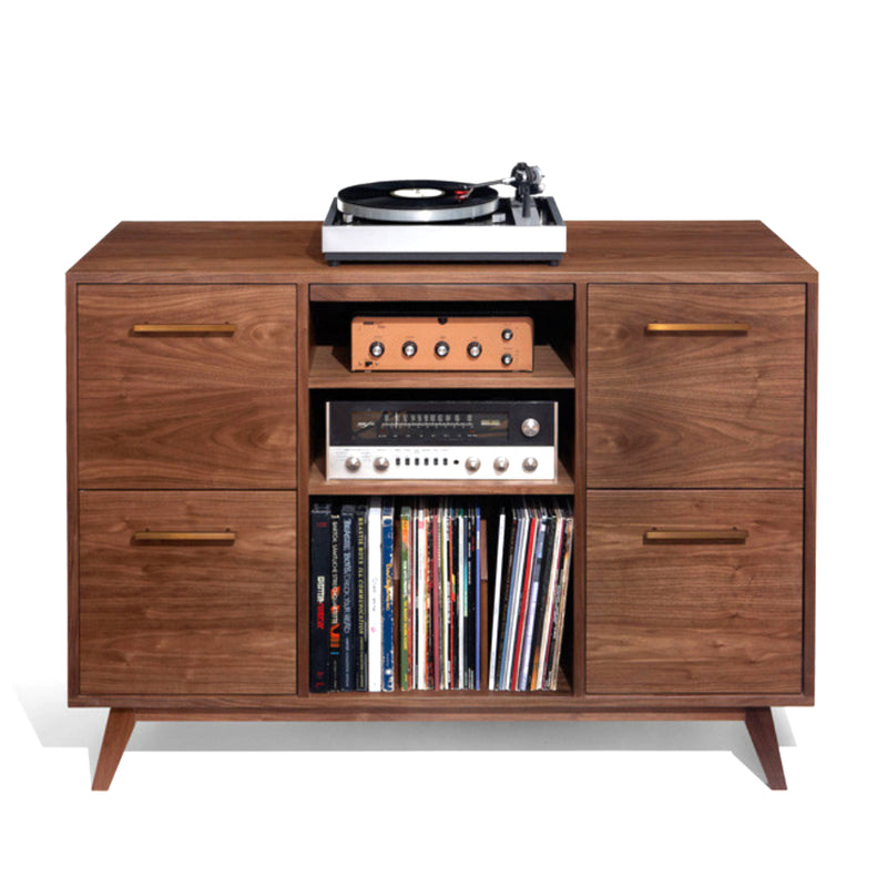 A brown Atocha Design record cabinet with open drawers showing LPs, a turntable on top, and shelves with various record albums.